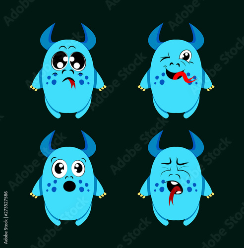 Set of cute little charcaters with different emotions. Cute little creatures isolaeted on black. laughing, solicit, frightning, crying monsters. Sticjers, emoji design, cartoon charcaters concept. photo