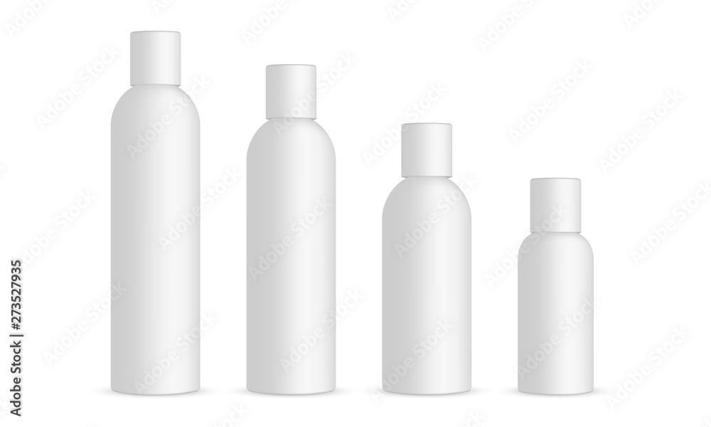 Plastic cosmetic bottles 120ml, 100ml, 60ml, 30ml, isolated on white background. Vector illustration Plastic cosmetic bottles 120ml, 100ml, 60ml, 30ml, isolated on white background. Vector illustration