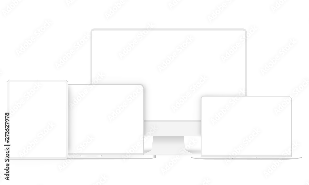 Set of modern clay devices mockups: PC, laptops, tablet computer. Vector illustration - obrazy, fototapety, plakaty 