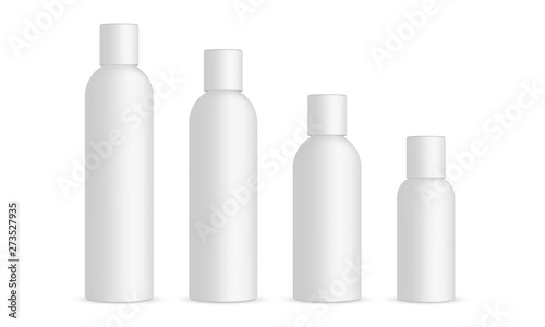 Plastic cosmetic bottles 120ml, 100ml, 60ml, 30ml, isolated on white background. Vector illustration