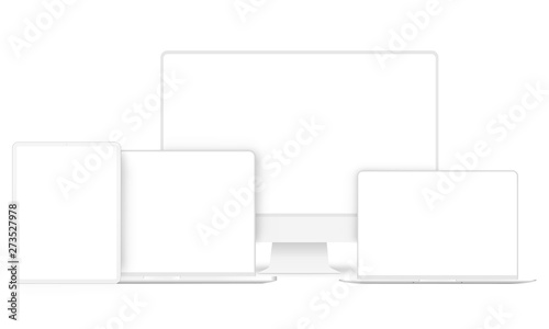 Set of modern clay devices mockups: PC, laptops, tablet computer. Vector illustration