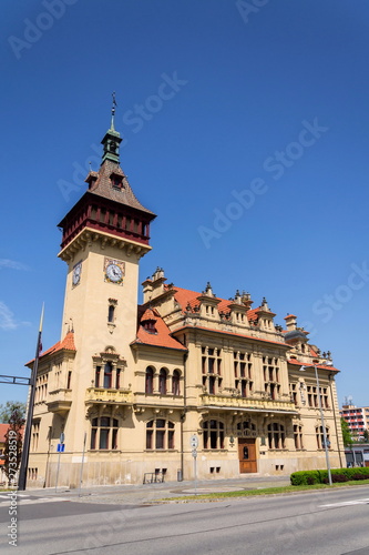 Architectural detail on Napajedla town hall exterior built in 1903 near Zlin, Moravia, Czech Republic, sunny summer day