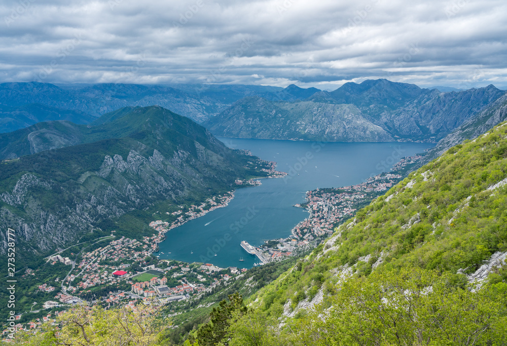 Panoramic view of Bay of Kotor from Serpentine road with hairpin bends