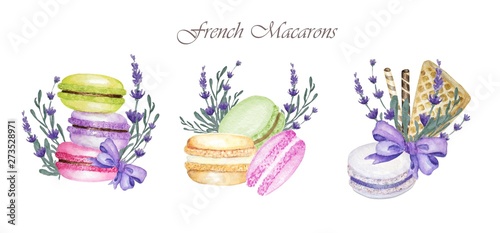 фотографія Hand drawn watercolor french macaron cakes composition with lavender flowers, waffle and purple bow, french pastry dessert