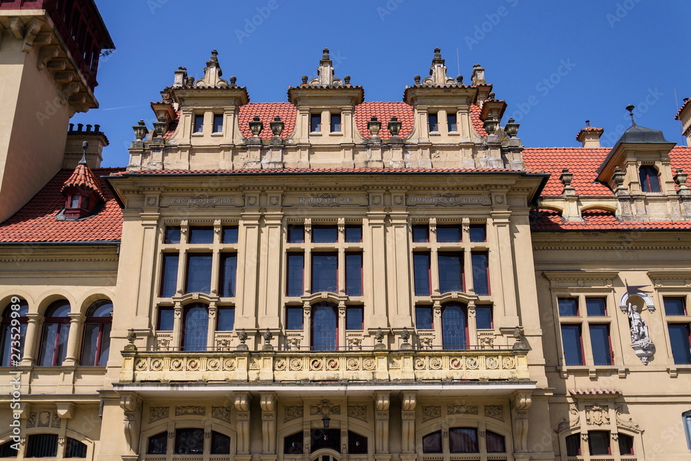 Obraz premium Architectural detail on Napajedla town hall exterior built in 1903 near Zlin, Moravia, Czech Republic, sunny summer day