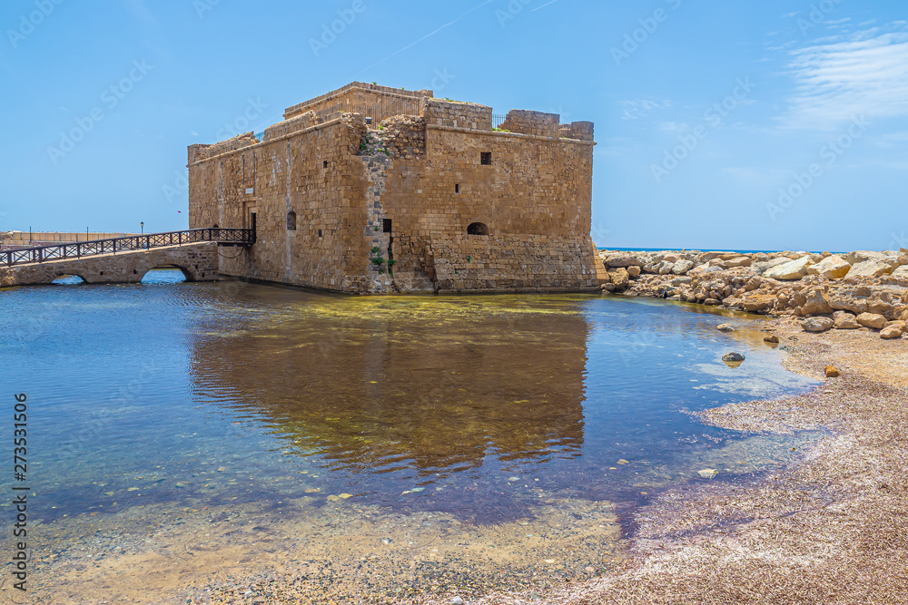 Cyprus. Pathos. The Paphos castle view from the bay. The medieval fortress in the harbour. The Cyprus museums. Mediterranean coast. Tourist landmarks Paphos. Travel to Cyprus.