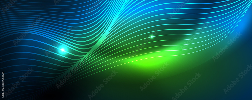 Smooth wave lines on blue neon color light background. Glowing abstract wave on dark, shiny motion, magic space light Smooth wave lines on blue neon color light background. Glowing abstract wave on dark, shiny motion, magic space light