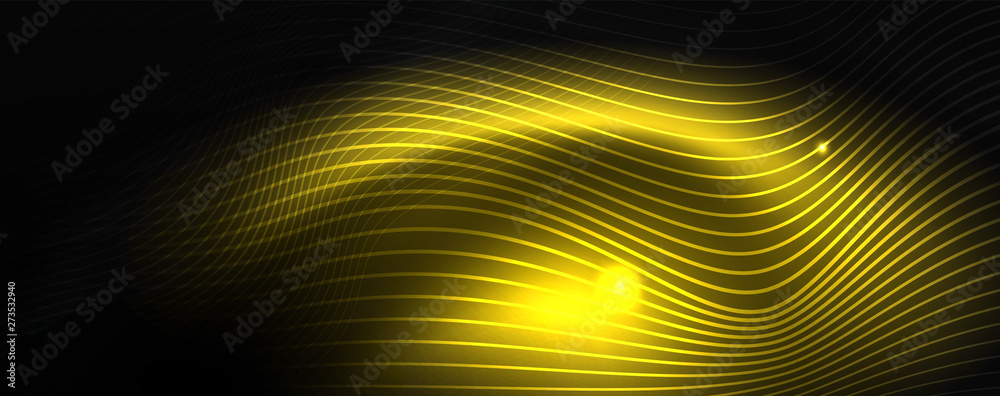 Smoky glowing waves in the dark. Dark abstract background with neon color light and wavy lines. Vector Smoky glowing waves in the dark. Dark abstract background with neon color light and wavy lines. Vector
