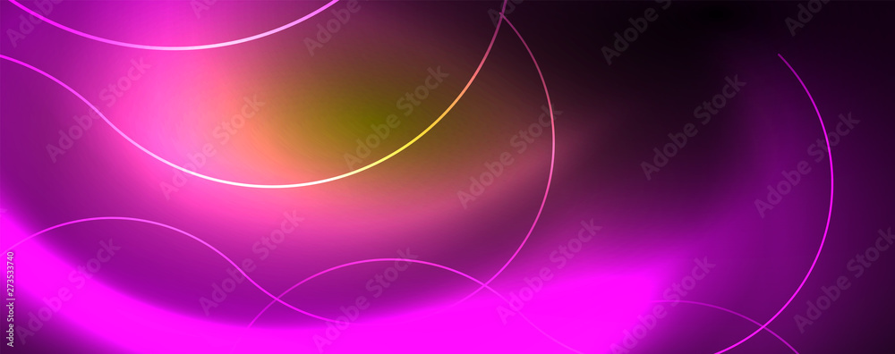 Bright neon circles and wave lines, glowing shiny background design template, digital techno concept. Bright neon circles and wave lines, glowing shiny background design template, digital techno concept.