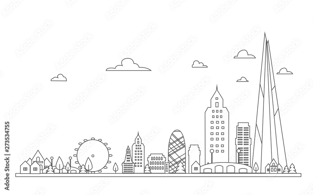  Vector illustration of abstract London skyline with skyscrapers and office buildings. 