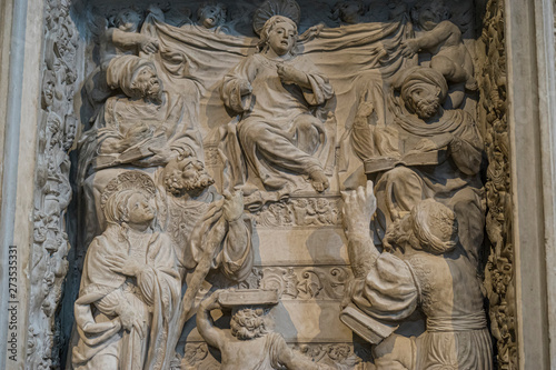 Avila, Spain - April 17, 2019. Interior of the Cathedral of Avila during the celebration of Holy Week in Spain. Biblical scenes in relief