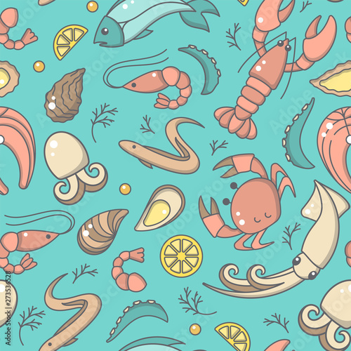 Seamless pattern with seafood elements in cartoon style