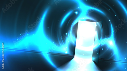 Light tunnel from open door of dark room, abstract mystical paranormal glowing exit. Light in the end of a tunnel. Portal to another world, alien universe. Open door template, sci-fi background