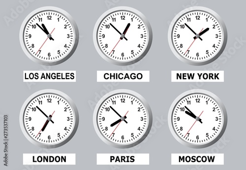 A board that shows the time in different cities of the world.