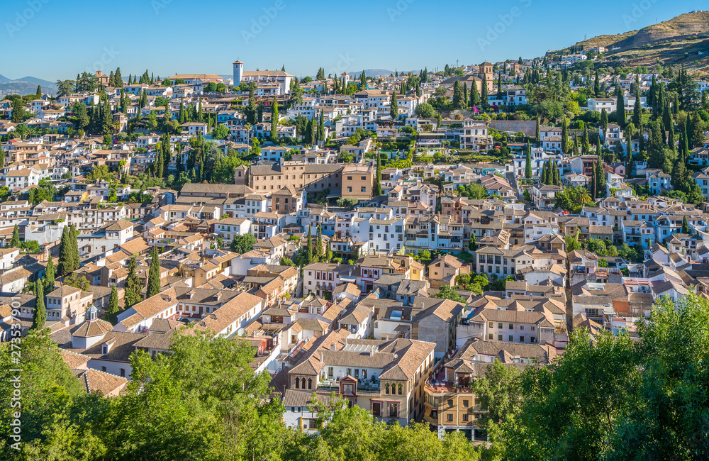 The picturesque Albaicin district in Granada as seen from the Alhambra Palace. Andalusia, Spain.