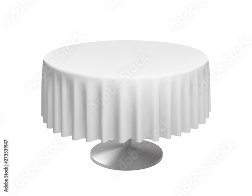Realistic round table with white folded tablecloth. Vector template.