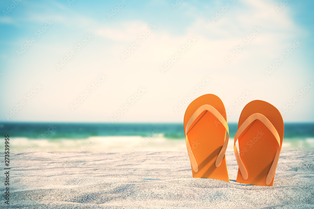 Orange flip flops on beach Stock Photo | Adobe Stock