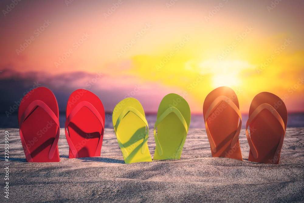 Bright flip flops on beach - obrazy, fototapety, plakaty 