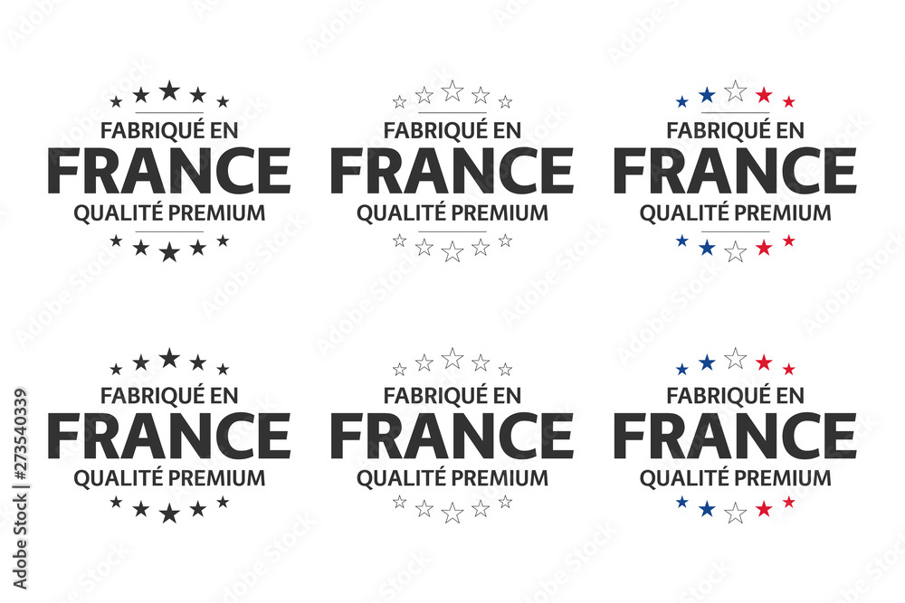 Set of six French icons, symbols Made in France in French, premium quality stickers, simple vector illustrations isolated on white background