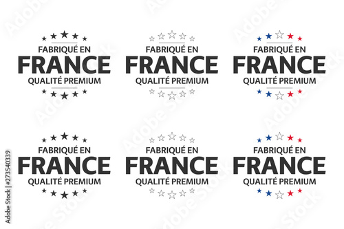 Set of six French icons, symbols Made in France in French, premium quality stickers, simple vector illustrations isolated on white background