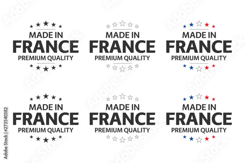Set of six French icons, Made in France symbols, premium quality stickers, simple vector illustrations isolated on white background