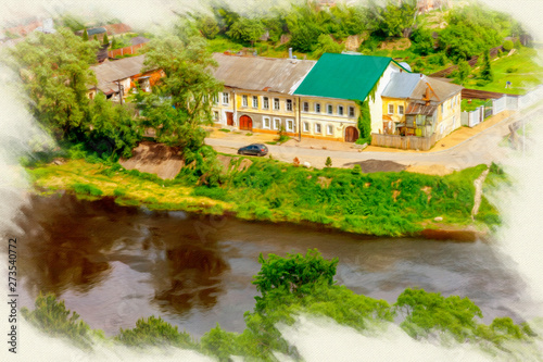 Torzhok. House on the bank of the river Tvertsa. Imitation of the picture