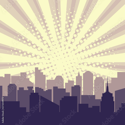 Pop art city silhouette with sun rays halftone background. Comic colorful cityscape. Vector illustration.