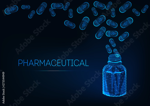 Futuristic pharmaceutical concept with medicament bottle and capsule pills on dark blue background.