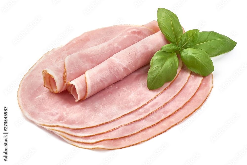 Sliced boiled ham sausage, close-up, isolated on white background Sliced boiled ham sausage, close-up, isolated on white background