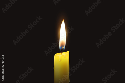 Vector 3d Realistic One Single Rendwer Orange Paraffin or Wax Burning Candle Closeup Isolated on Dark or Black Background. Flame at Night