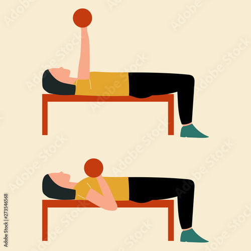 Dumbbell overhead press. Top body workout. Upper body exercises. Flat vector illustration