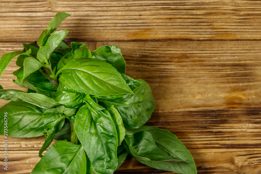 Green basil on a wooden table Green basil on a wooden table