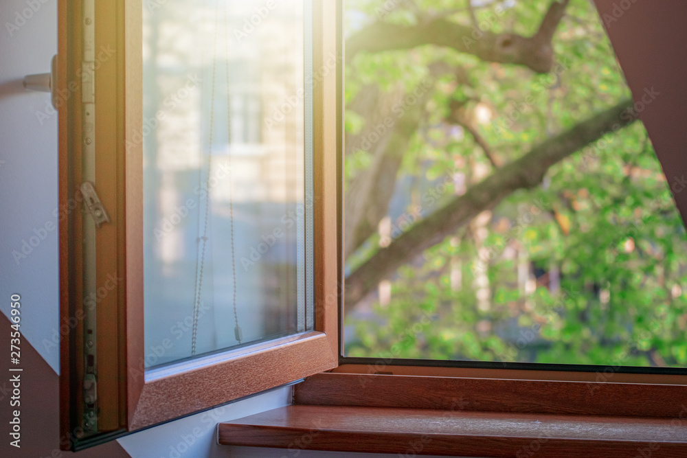 open window with wooden frame, cozy house open window with wooden frame, cozy house