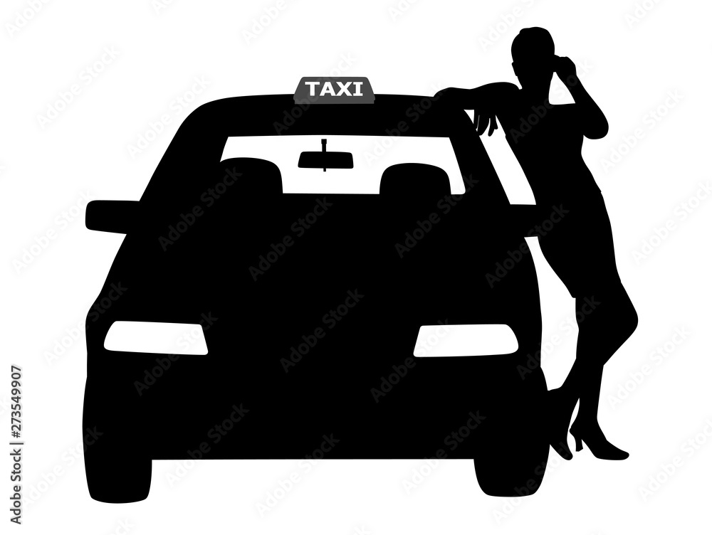 Woman taxi driver standing next to the taxi car waiting for a passenger