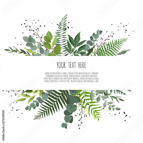 Horisontal botanical vector design banner. Pink rose, eucalyptus, succulents, flowers, greenery. Natural spring card or frame.