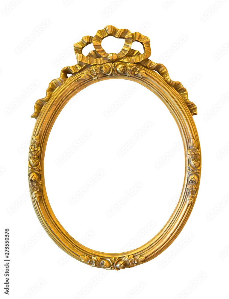 Fototapeta premium Oval golden decorative picture frame isolated on white