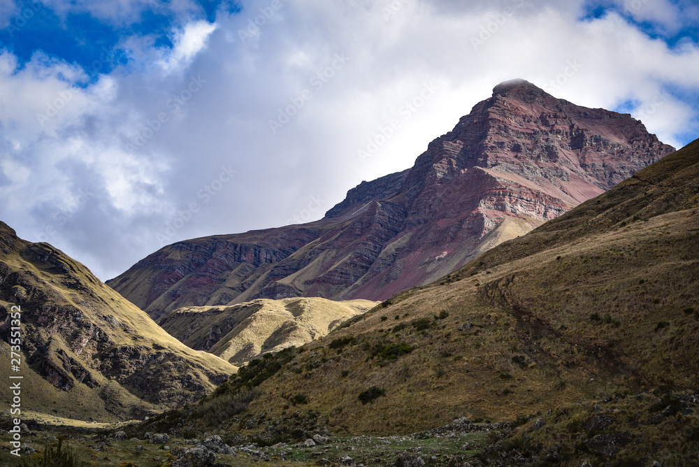 Dramatic Andes mountain scenery in the Quesqa Valley. Ancascocha, Cusco, Peru