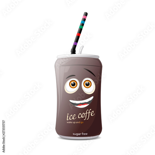 Cartoon can of ice coffe with no sugar. Vector illustration isolated on a white background.