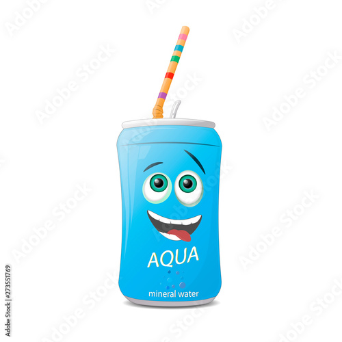 Cartoon can of mineral water. Vector illustration isolated on a white background.