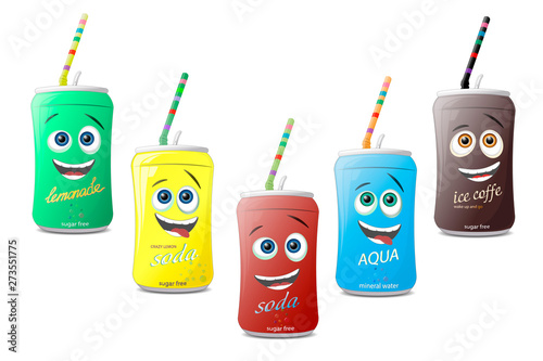 Pack of cartoon cans with beverages. Vector illustration isolated on a white background.