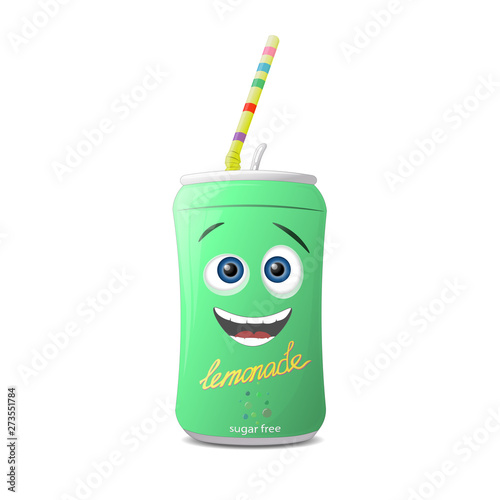 Fun cartoon can of lemonade. Vector illustration isolated on a white background.