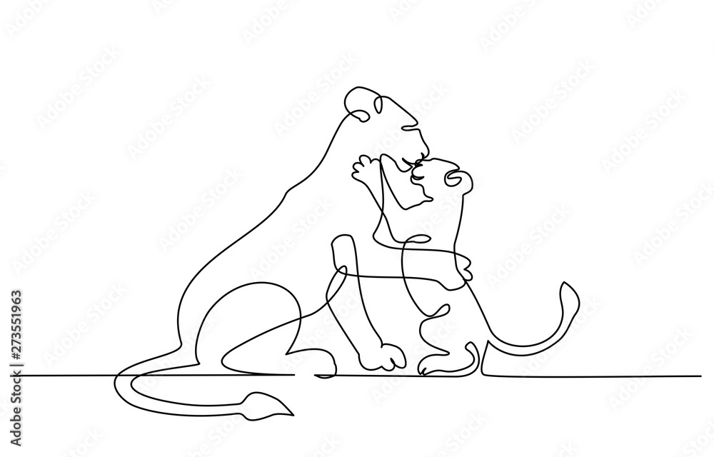 Obraz premium Young lioness with lion cub one line drawing