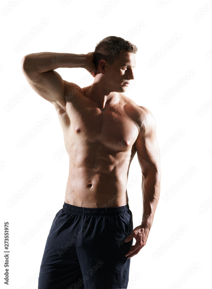 Strong, fit and sporty bodybuilder man over white background.