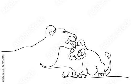 Young lioness with lion cub one line drawing
