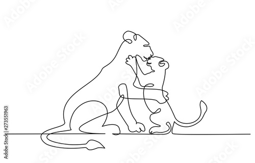 Young lioness with lion cub one line drawing