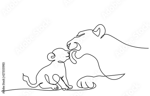 Young lioness with lion cub one line drawing