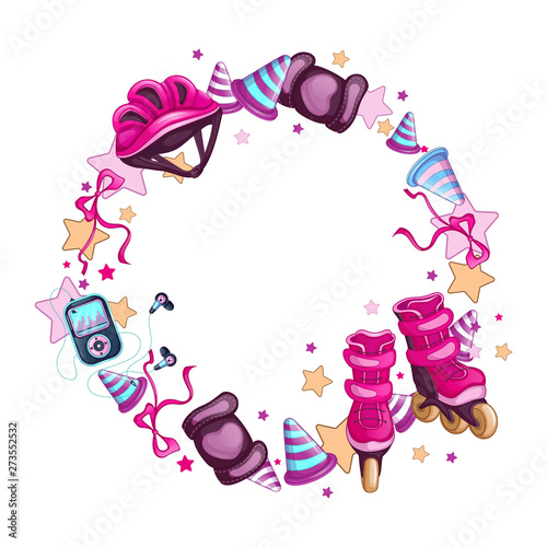 Round frame with sports accessories roller skating. Roller skates, helmet, music player, slalom chips. Vector shape for text or photo with cartoon objects.
