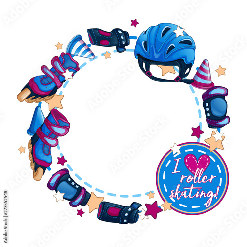 Round frame with men's sports accessories. Roller skates, helmet, chips for slalom. Emblem - I love roller skating. Vector shape for text or photo with cartoon objects.