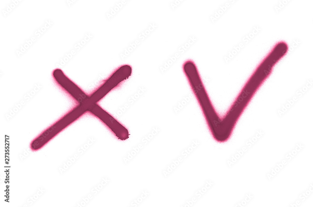 Graffiti check mark and cross sign sprayed on white isolated background Graffiti check mark and cross sign sprayed on white isolated background