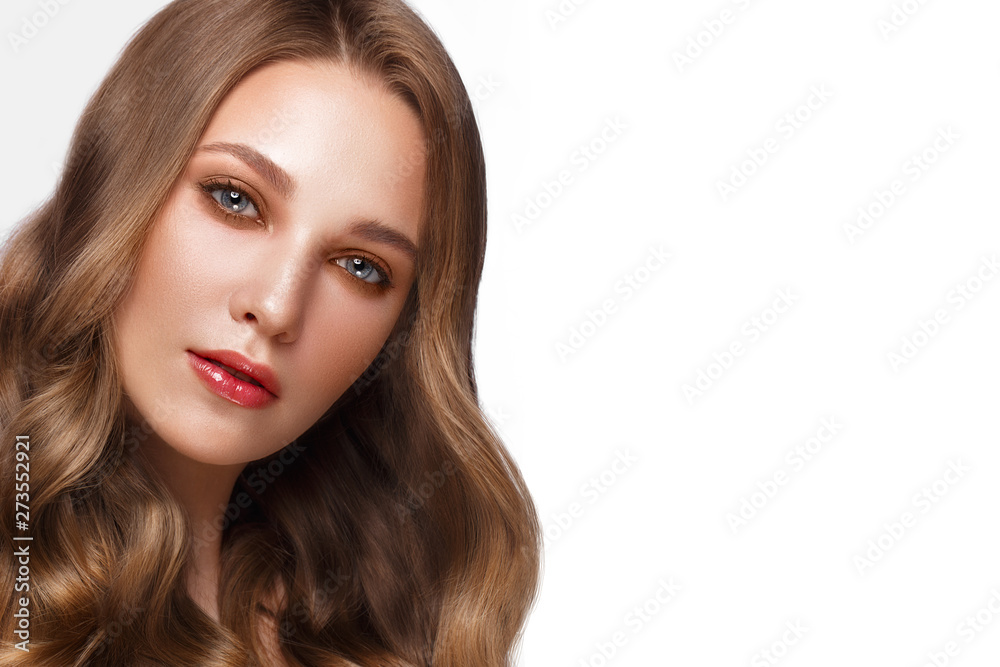 Beautiful fresh girl with perfect skin, curls hair and classic make up. Beauty face. Beautiful fresh girl with perfect skin, curls hair and classic make up. Beauty face.